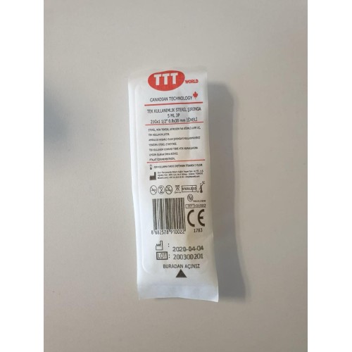 TTT World 5 ml Tek Kullanımlık 3 Parça Enjektör (Şırınga) Yeşil Uçlu İğneli - 200 Adet