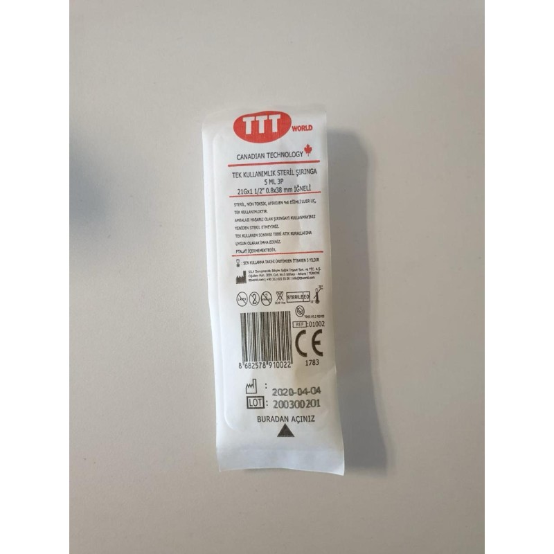 TTT World 5 ml Tek Kullanımlık 3 Parça Enjektör (Şırınga) Yeşil Uçlu İğneli - 200 Adet - Görsel 2