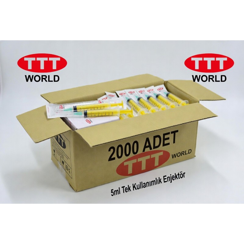TTT World 5 ml Tek Kullanımlık 3 Parça Enjektör (Şırınga) Yeşil Uçlu İğneli - 2000 Adet (1Koli) - Görsel 1